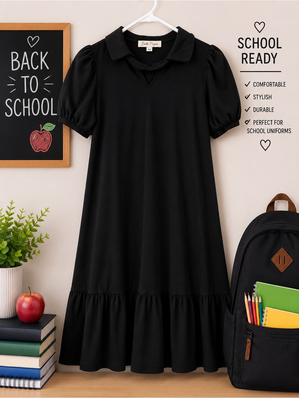 Belle Poque Girls Black School Uniform Dress Puff Sleeve Ruffle Hem NWOT